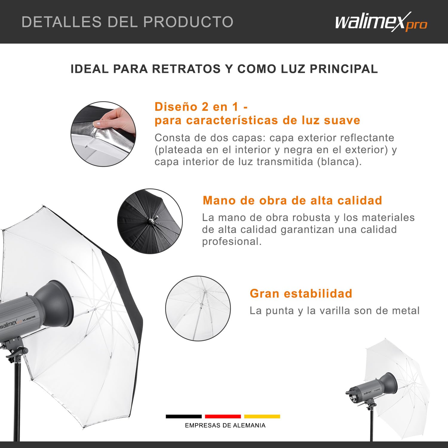 Walimex Pro - Paraguas 2 en 1 de 109 cm (Transparente y réflex), Blanco y Negro