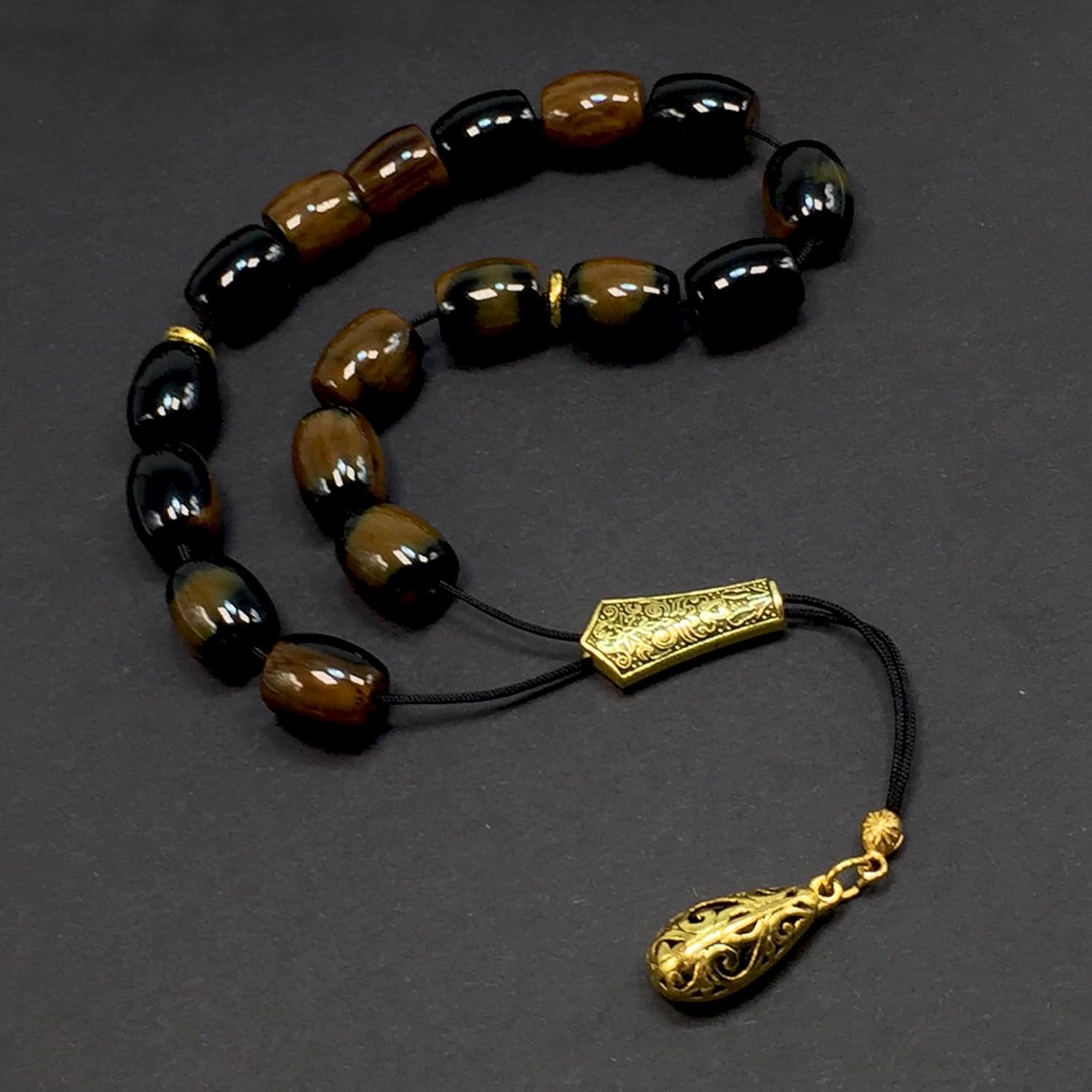 Design - Greek KOMBOLOI Series Worry Beads Begleri Pony Anxiety Beads Rosary Relaxation Stress Relief (Brown Resin Column -14X12mm- 17 Big Beads)
