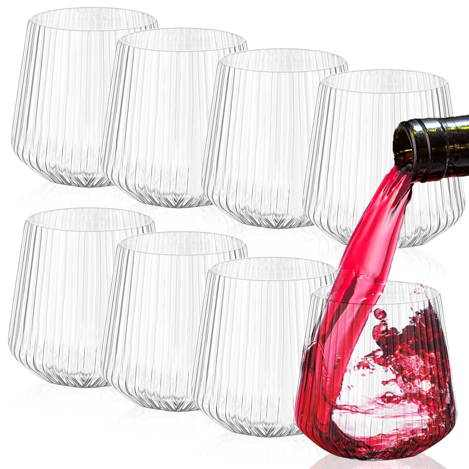 8er-Set 400 ml Weingläser Kunststoff, Plastik Weingläser Mehrweg, Tragbare Camping Gläser Unzerbrechlich, Transparenter Kunststoffgläser mit Geriffelt für Familie, Camping, Party (8er Set)