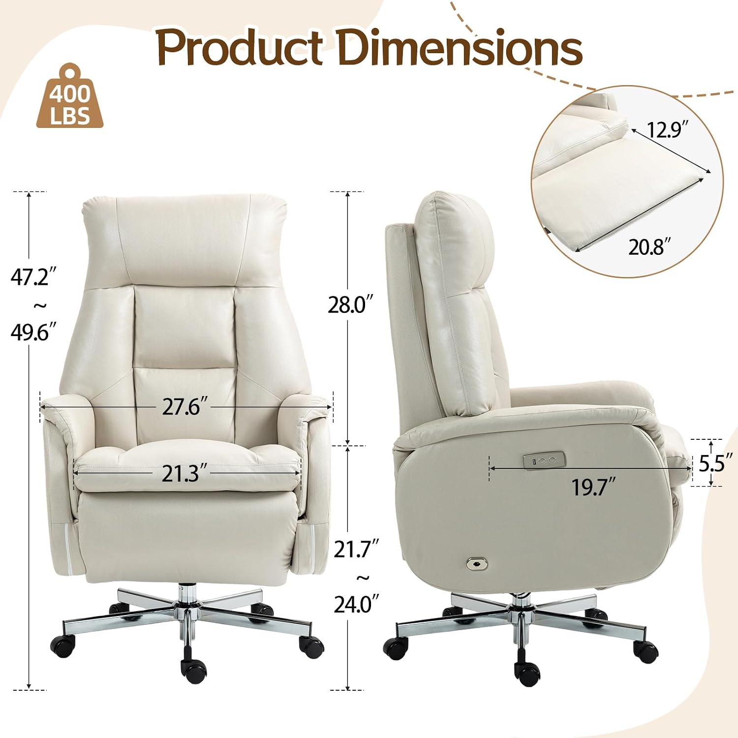 ECOTOUGE Electric Office Chair with USB Charging, Recliner Executive Office Chair with Footrest, Big and Tall High-Back Computer Chair, 400LBS Weight Capacity, Microfiber, Beige