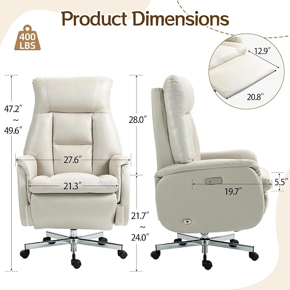 ECOTOUGE Electric Office Chair with USB Charging, Recliner Executive Office Chair with Footrest, Big and Tall High-Back Computer Chair, 400LBS Weight Capacity, Microfiber, Beige
