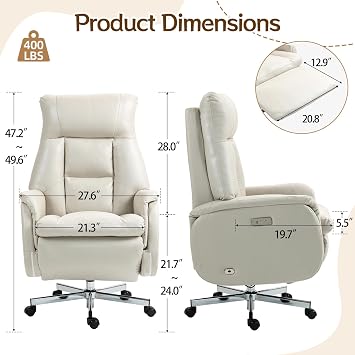 ECOTOUGE Electric Office Chair with USB Charging, Recliner Executive Office Chair with Footrest, Big and Tall High-Back Computer Chair, 400LBS Weight Capacity, Microfiber, Beige