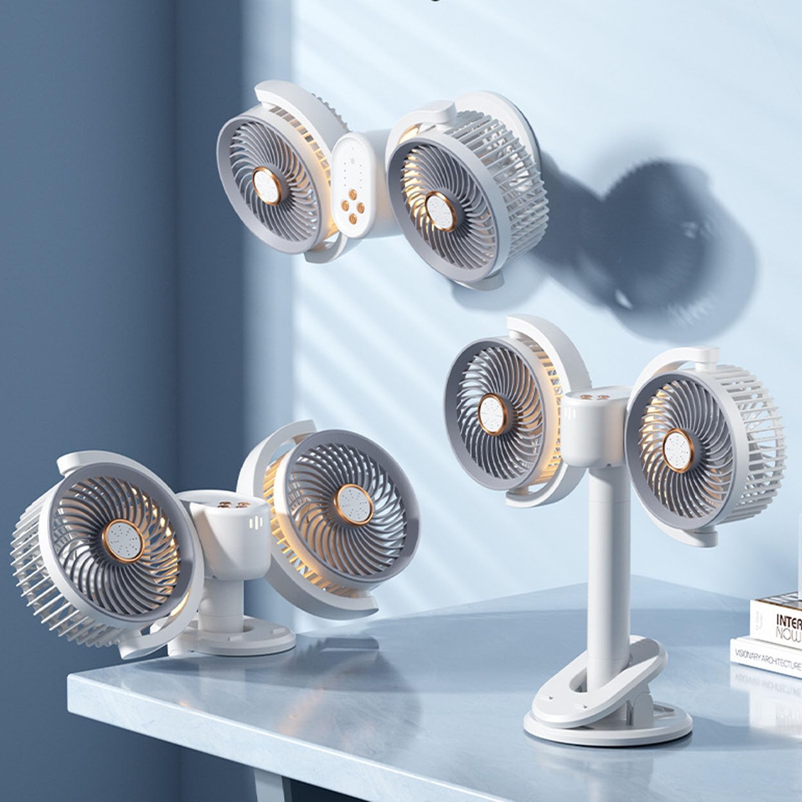 Ventilatore da Tavolo Ricaricabile con Doppia Testa, 2400mAh con | Ventilatore portatile con clip personale, ricaricabile tramite USB, ruotabile a 360°, per auto, letto, ufficio, campeggio,