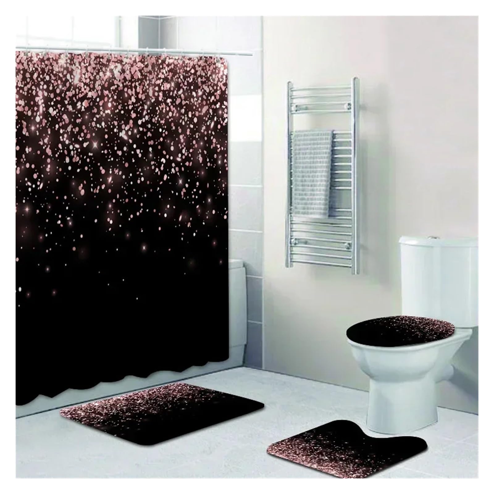MZSKLW Shower Curtain Stylish Black Silver Falling Glitter Confetti Dust Bathroom Curtains Shower Curtain Set Grey Sparkling Bath Rugs Decor