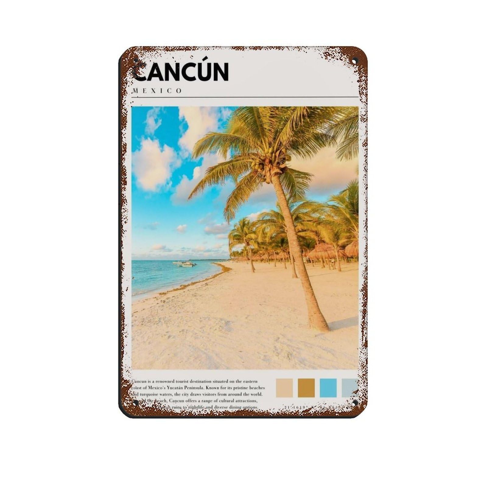 Cancun Mexico Poster Mexico Beach Travel Retro Poster Metal Tin Sign Chic Art Retro Iron Painting Bar People Cave Cafe Family Garage Poster Wall Decoration 8x12inch(20x30cm)