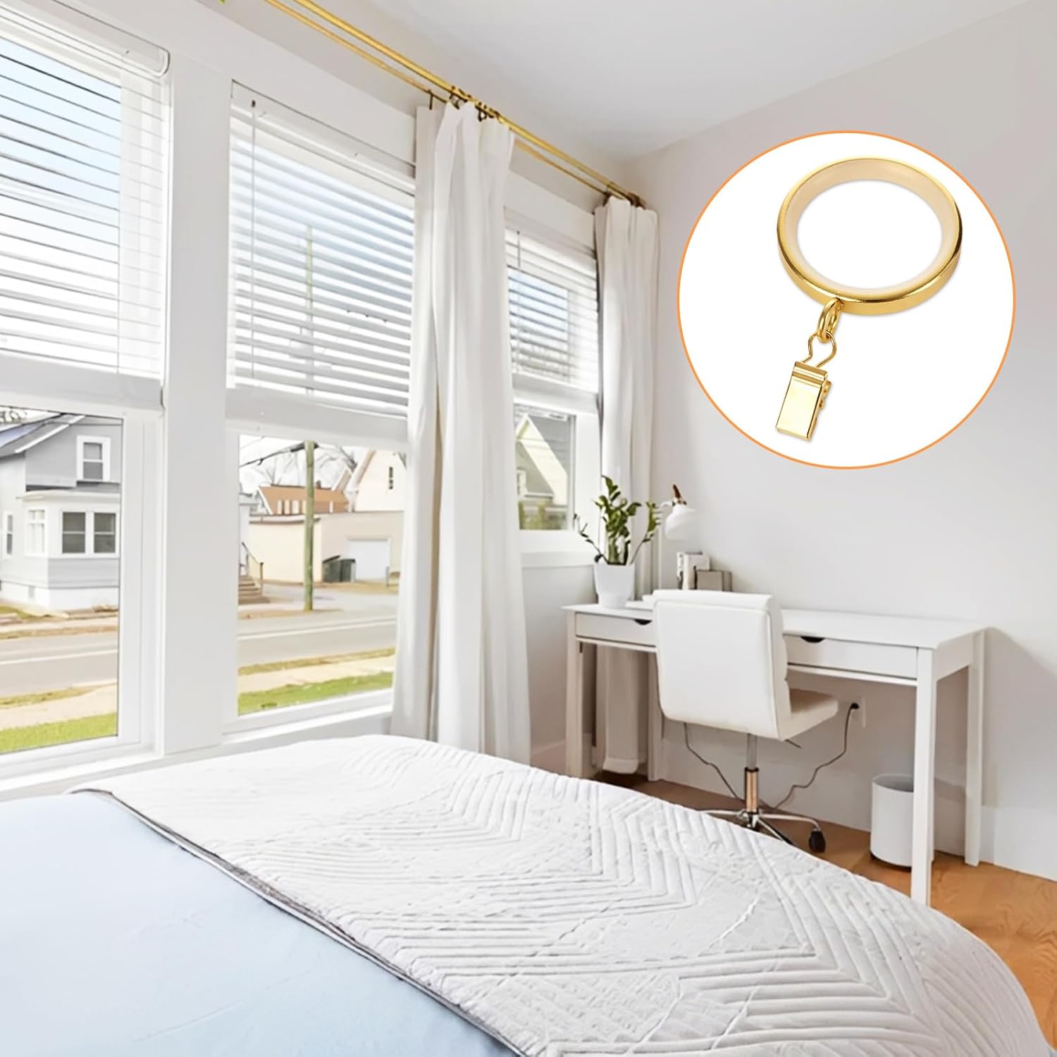 30 Pcs Curtain Rings, Gold Curtain Rings with Clips and Quiet, Smooth, Removable Insert, 2 Inch Diameter, 1.7 Inch Inside Diameter