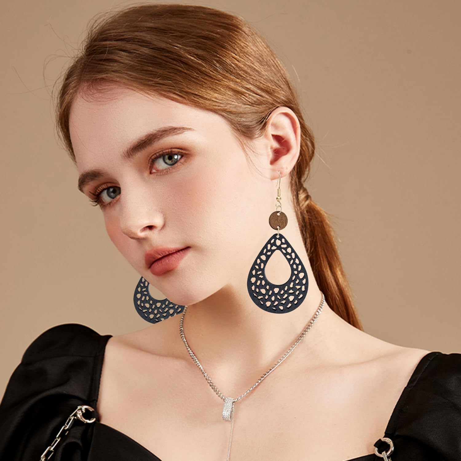 NONQL Handmade Lightweight Bohemian Retro Hollow Wooden Round Earrings Boho Big Teardrop Oval Circle Dangle Earrings for Women Statement Geometric Jewelry - Image 3