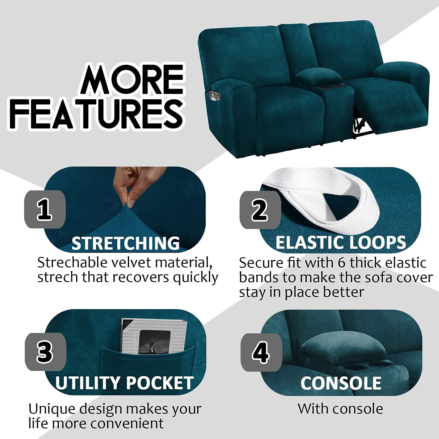 Sofa Covers，Couch Covers， Recliner Loveseat Covers with Middle Console, 8-Piece Stretch Velvet Loveseat Reclining Couch Slipcovers for (Stone Blue) (Color : Deep Teal)