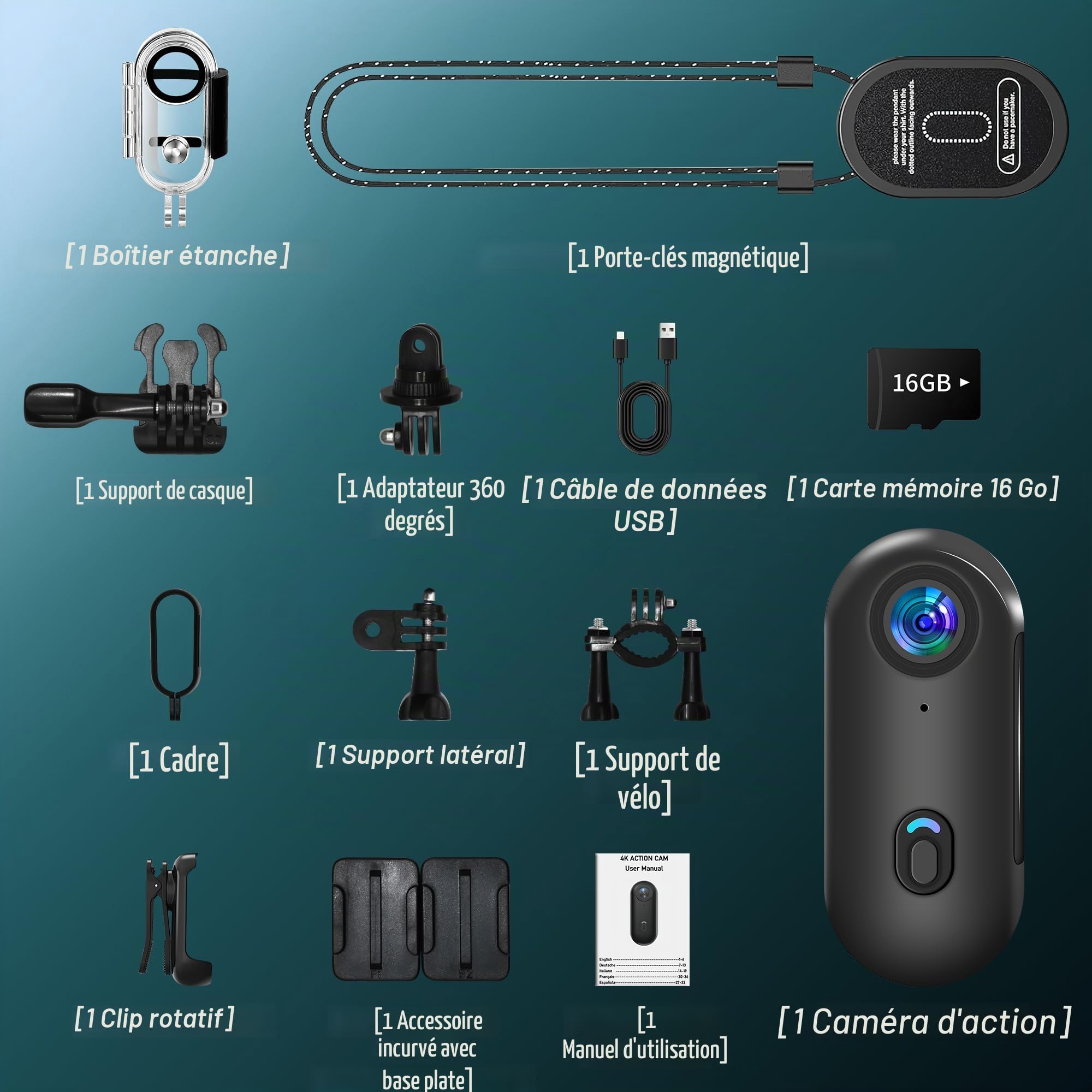 Mini Camera Sport,4K Action Cam WiFi et Carte mémoire 16 Go,caméra POV sous-Marine étanche jusqu'à 30 m, 360 ° pour Casque de vélo,caméra corporelle,bodycam,Camera Waterproof,Petite caméras