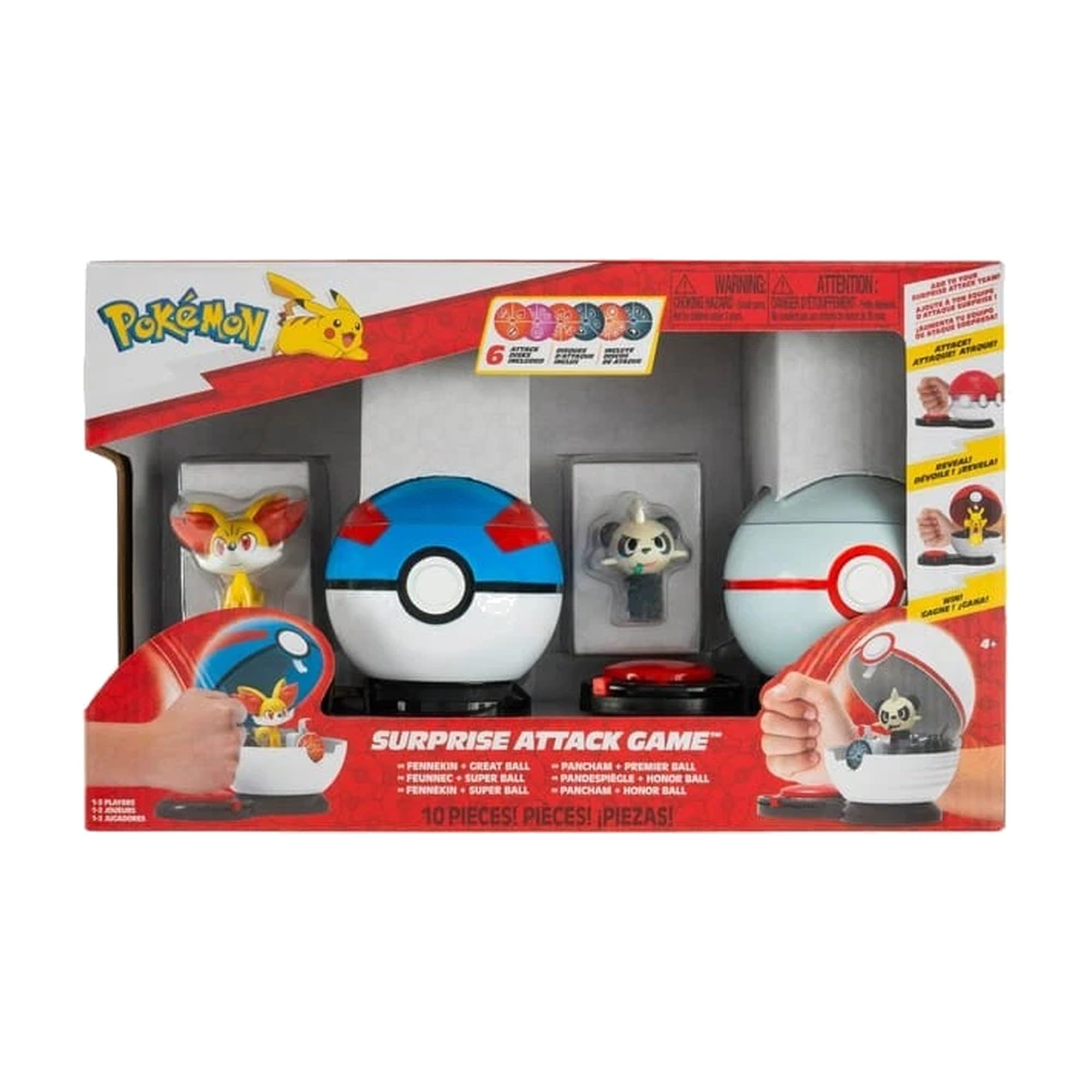 Pokemon Surprise Attack Game - Paquete múltiple con Fennekin y Pancham, figuras de batalla de 5 cm, gran bola y bola Premier