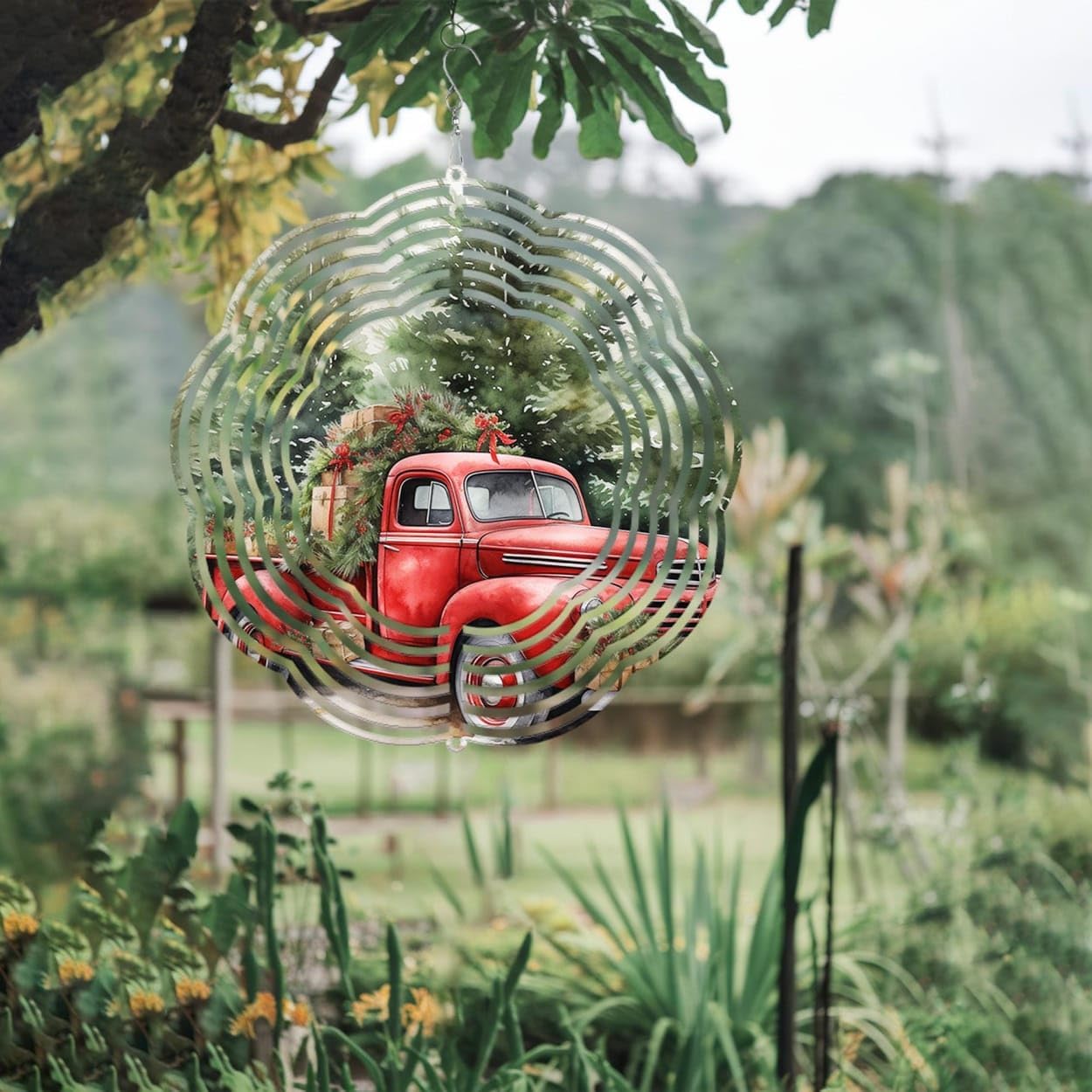 Red Truck Pine Tree Christmas Wind Spinners 3D Stainless Steel Laser Cut Metal Double Sided Printing-Hanging Indoor/Outdoor Decorations Yard Gardening Decor,Metal Kinetic Art 14x14 inches