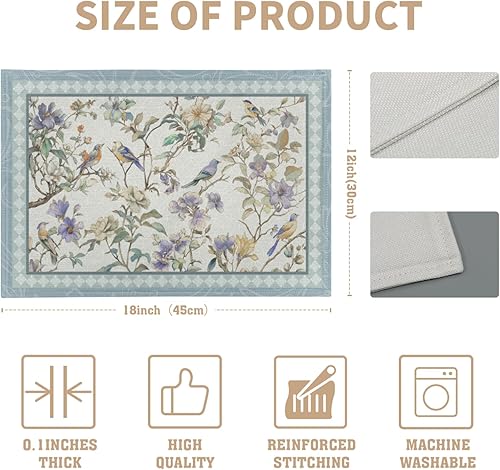 Miniatura 3 de Juego de 4 manteles individuales de primavera, diseño de pájaros azules, flores, flores, estación, primavera, floral, lavable, rústico, decoración