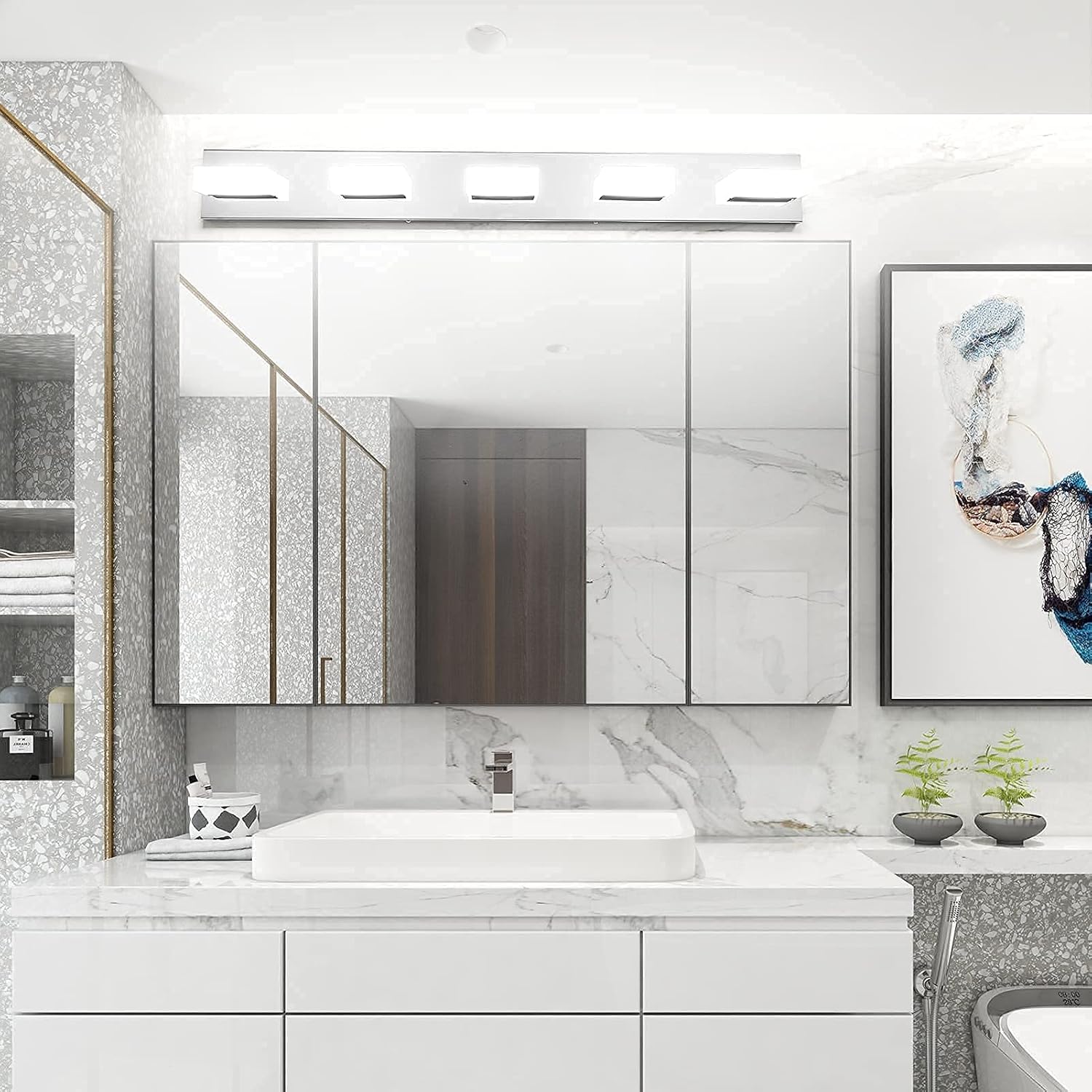 Aipsun Modern Chrome Bathroom Vanity Light LED Vanity Light Fixtures for Bathroom Stainless Steel 5 Light Bath Wall Lighting 6000K