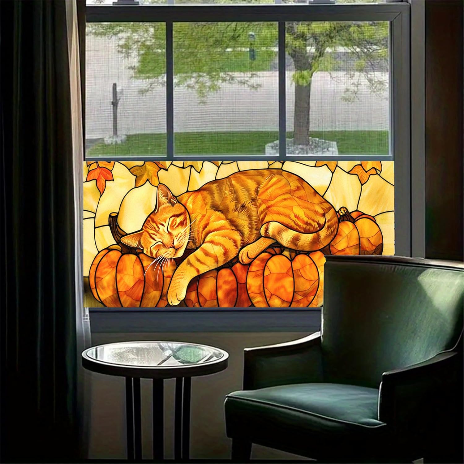 HOMETITUTE Fall Privacy Window Film 39.37x17.71 Inches Stained Glass Window Film Cat Pumpkin Pattern Static Cling Decorative Film for Glass Door Home and Office Bedrooms PVC Cling Sticker