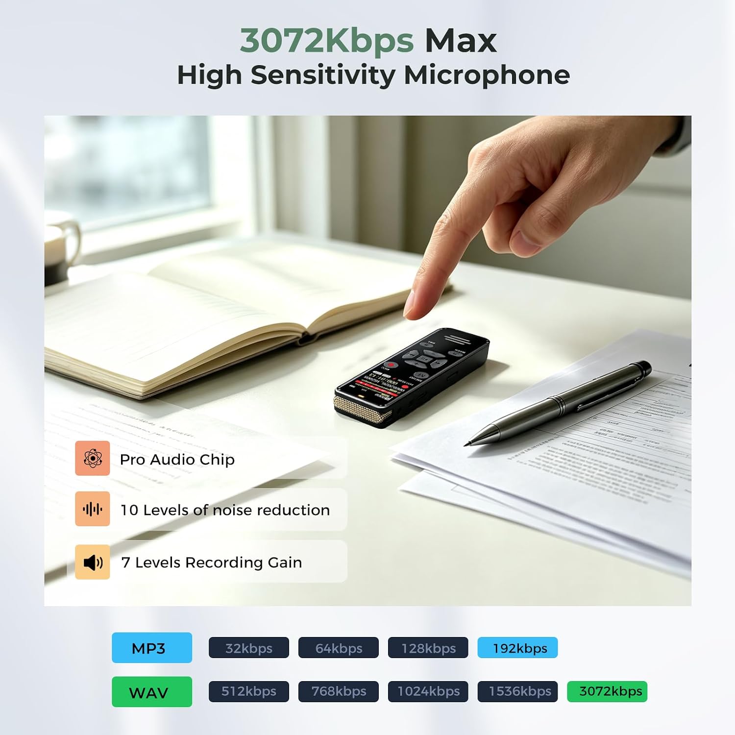 EVISTR Digital Voice Recorder 128GB AI Transcribe & Summarize Note Taker