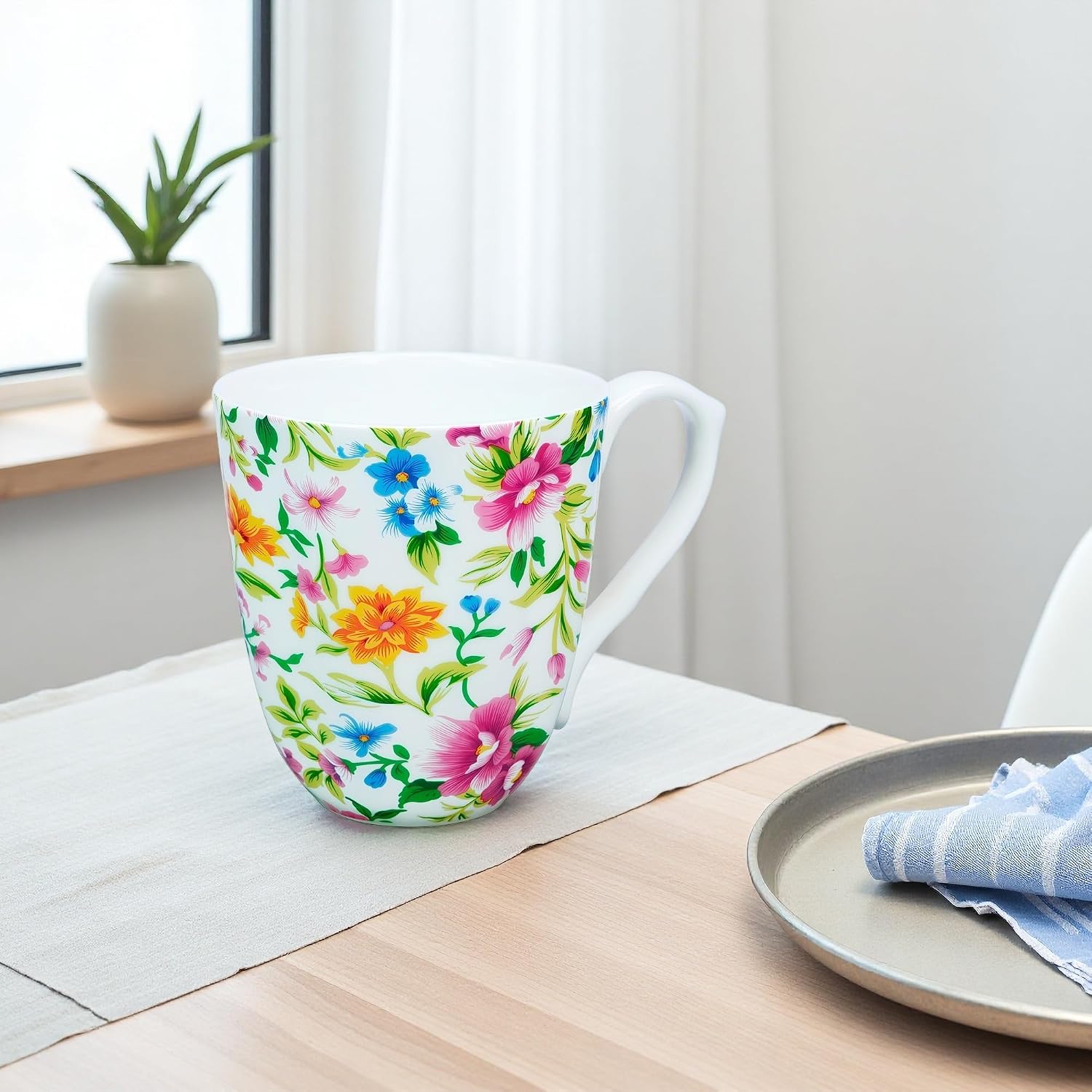 14oz Bone China Floral Mug – Floral Coffee Mug for Women Men, Bone China Coffee Tea Mug with Comfort Handle, Elegant Flower Coffee Mug Christmas Birthday Gifts for Dad Mom Friend
