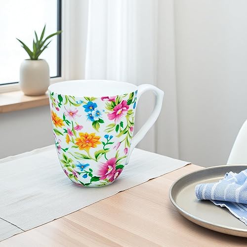 Miniatura 6 de Taza floral de porcelana de hueso de 14 onzas, taza de café floral para mujeres y hombres, taza de té de café de porcelana de hueso con asa cómoda,