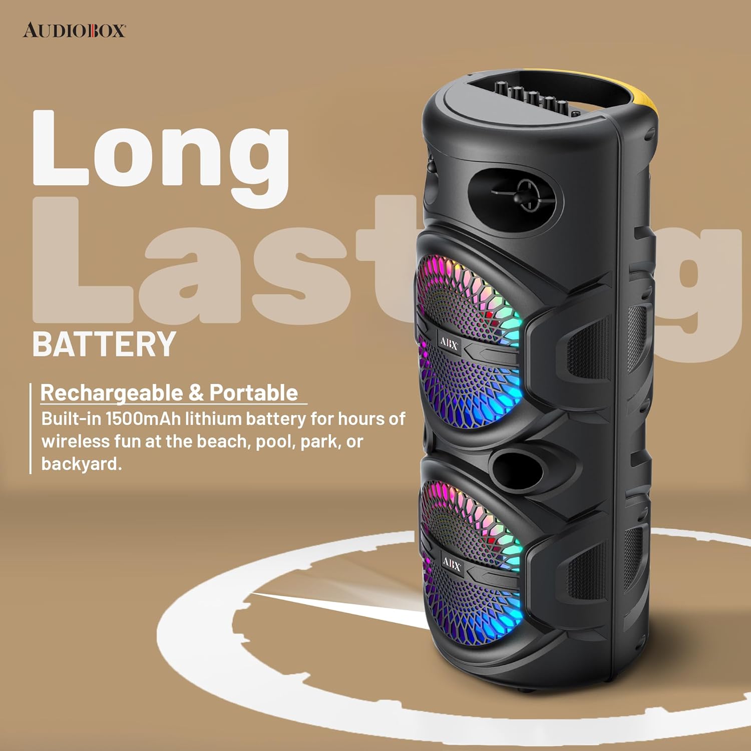 Audiobox Portable Bluetooth Speaker – Dual 8” Woofers, LED Ring Lights, Mic Input, Rechargeable Battery – Loud Bass, Fun Lights, Perfect for Kids Parties, Beach, Pool & Karaoke