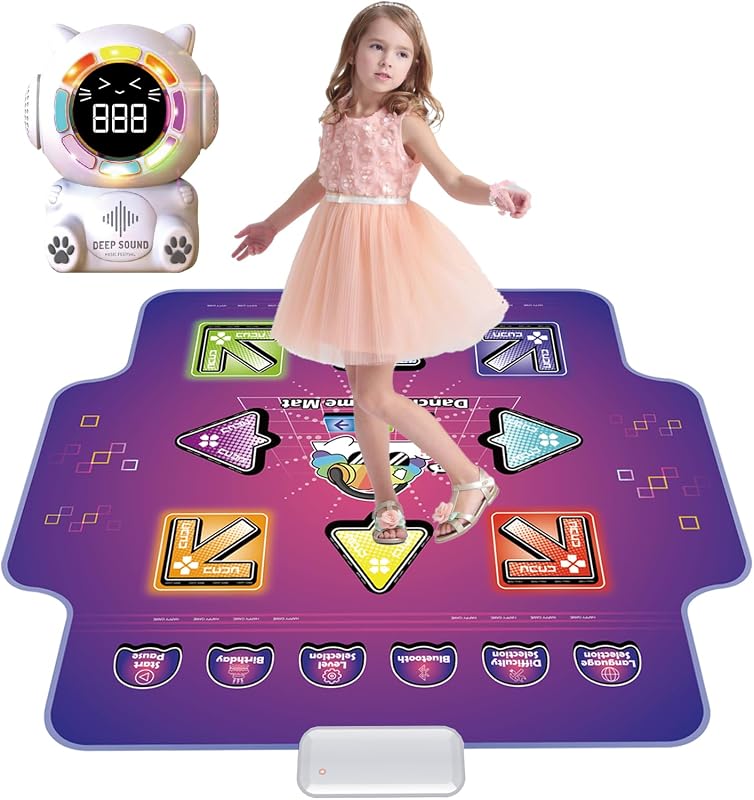 Mostop Dance Mat Toy for Kids, Rechargeable Dance Pad with Light-up 8 Buttons & Wireless Bluetooth, Dancing Music Playmat with LED Light, Adjustable Volume, 5 Game Modes, Gift for Kids Girls 3-12