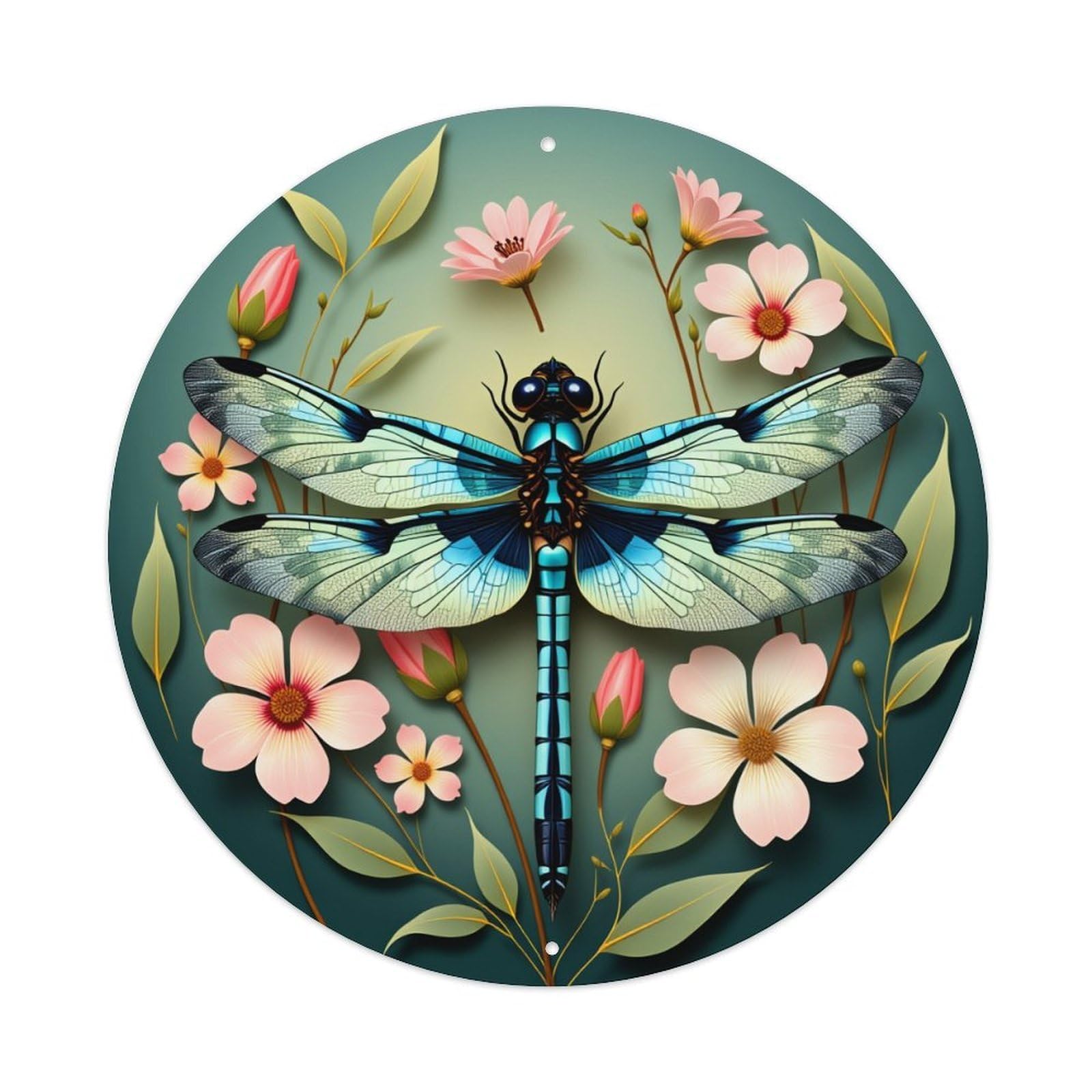 Dragonfly Flower Leaves Nature Art Round Tin Sign Retro Metal Sign for Cafe Bar Pub Home Game Room Gym Club Wall Decoration Vintage Metal Poster 8x8 Inch