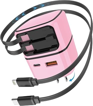 4 in 1 Retractable Wall Charger, 35W Fast Charging Retractable Phone Charger Wall Plug with Dual Cables & 2 USB Ports, Foldable Travel Charging Block for iPhone 17/16/15/14/13, iPad, Samsung, Pink
