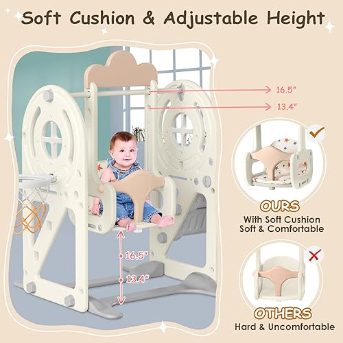 Miniatura 5 de BIERUM Tobogán para niños pequeños de 1 a 3 años con aro de baloncesto y columpio, tobogán de bebé para niños, regalo ideal para interiores