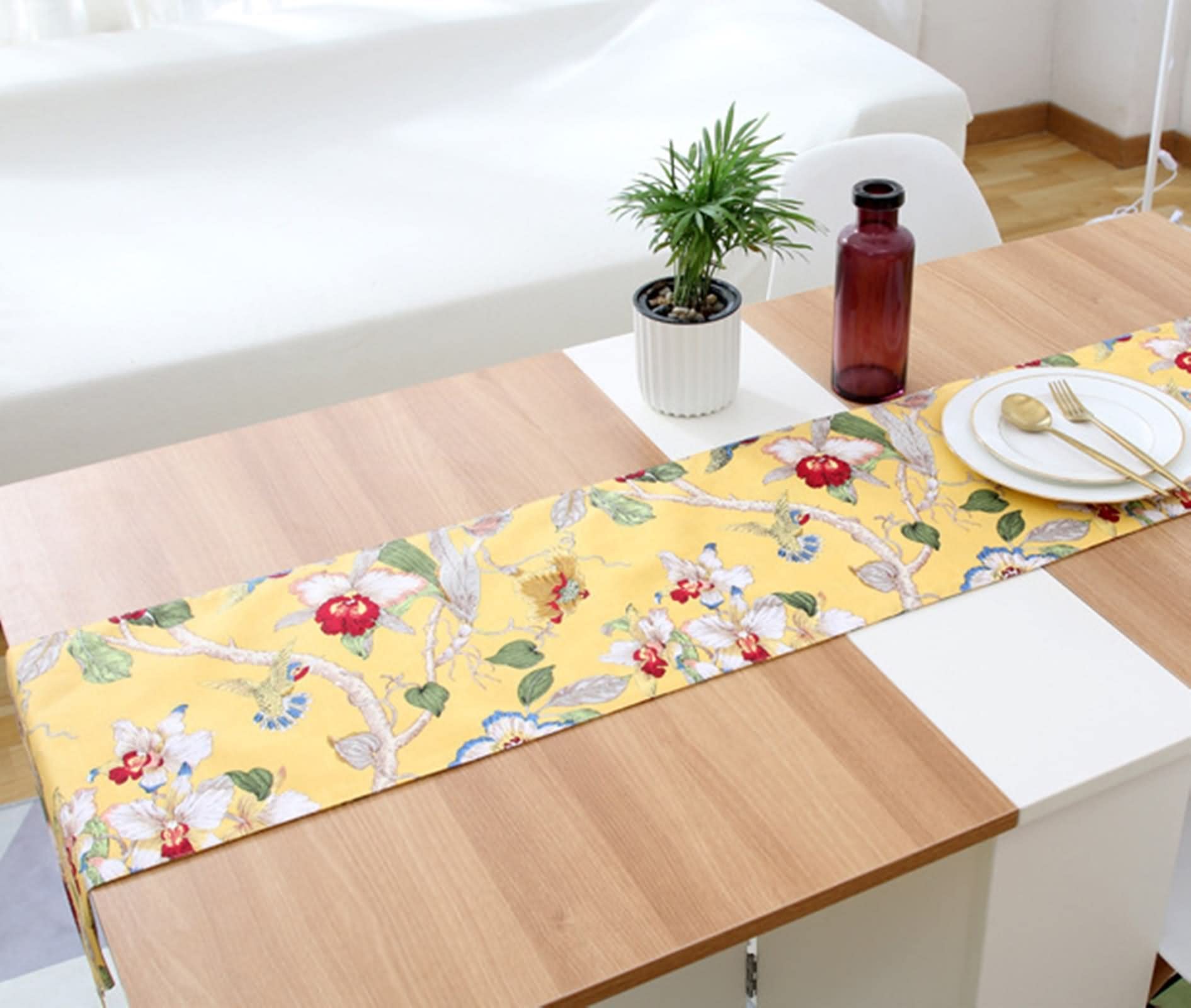 Tischläufer Herbst, Tischdecke Bierzeltgarnitur aus Baumwolle Vintage Blumen Gelb 30x220CM für Abendessen Hochzeit Dekor