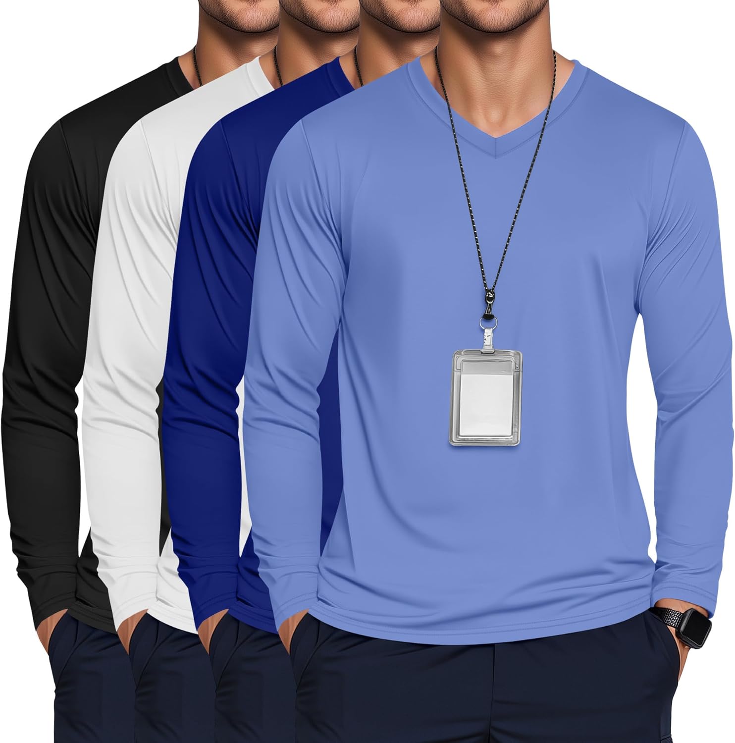 4 Pack Men's Under Scrubs Long Sleeve V Neck Shirts Basic Casual Fitted Underwear S...