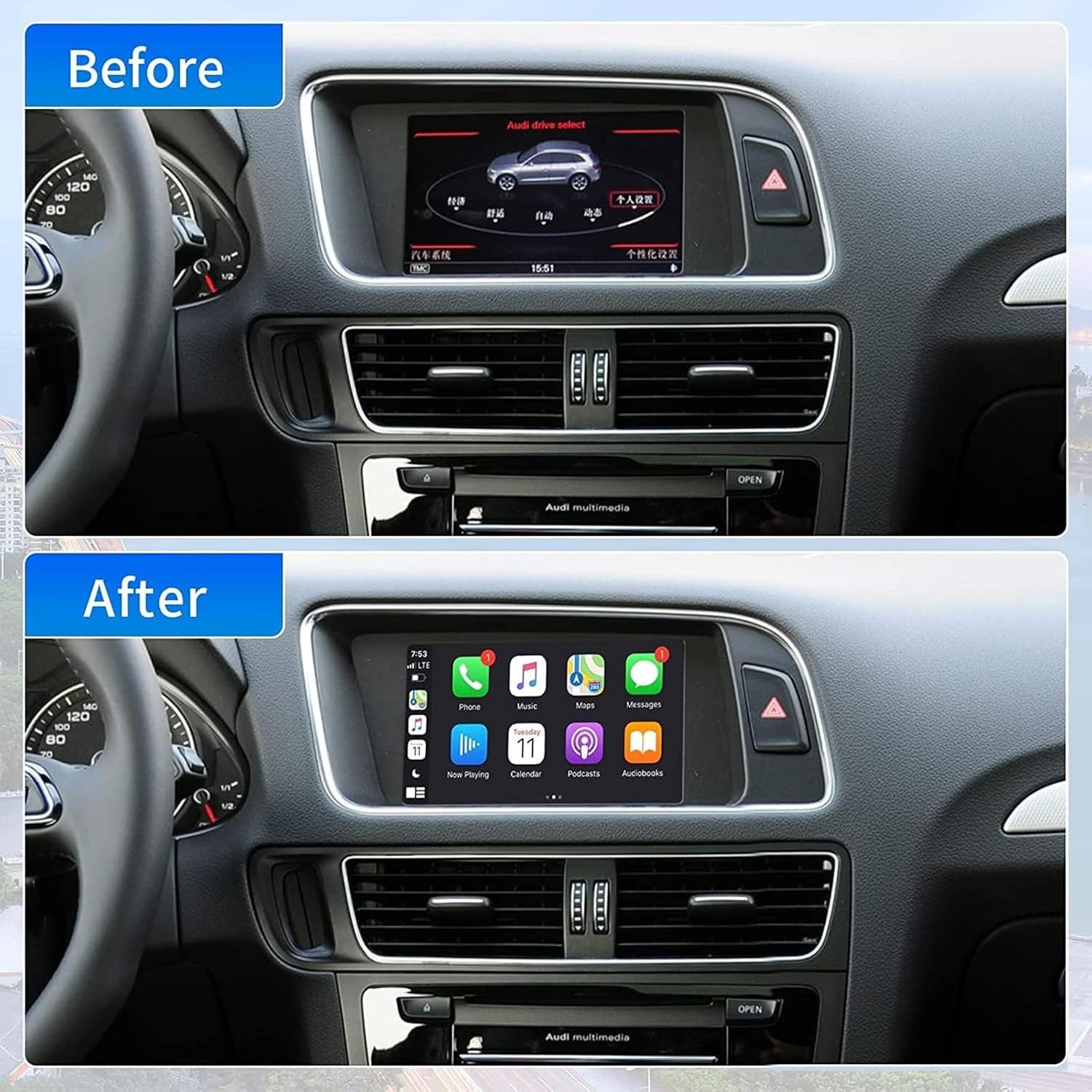 Before and after comparison of car display with original MMI and CarPlay