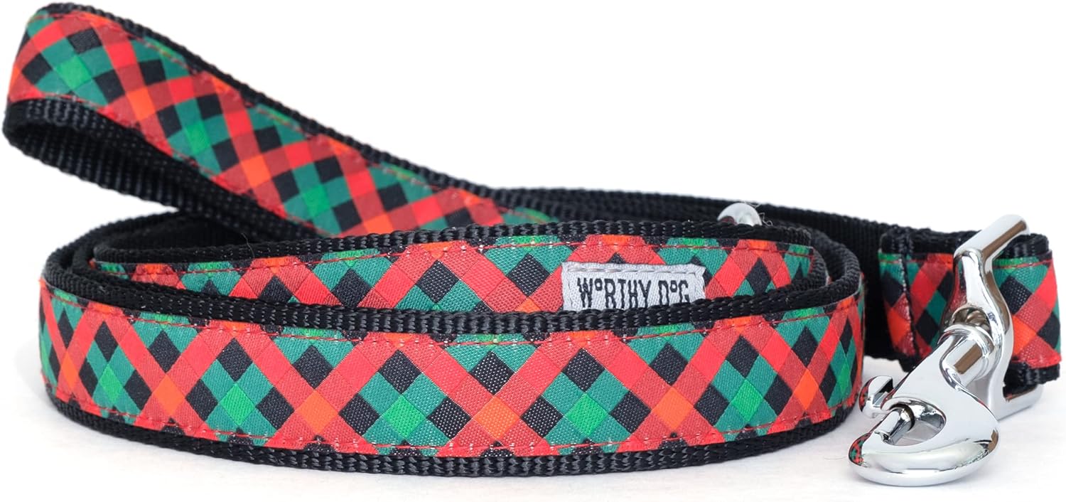 THE WORTHY DOG Durable Nylon Dog Leash, Swivel Snap Hook, Woven Ribbon, 5 Ft - Holiday Check Pattern, Multicolor, Large