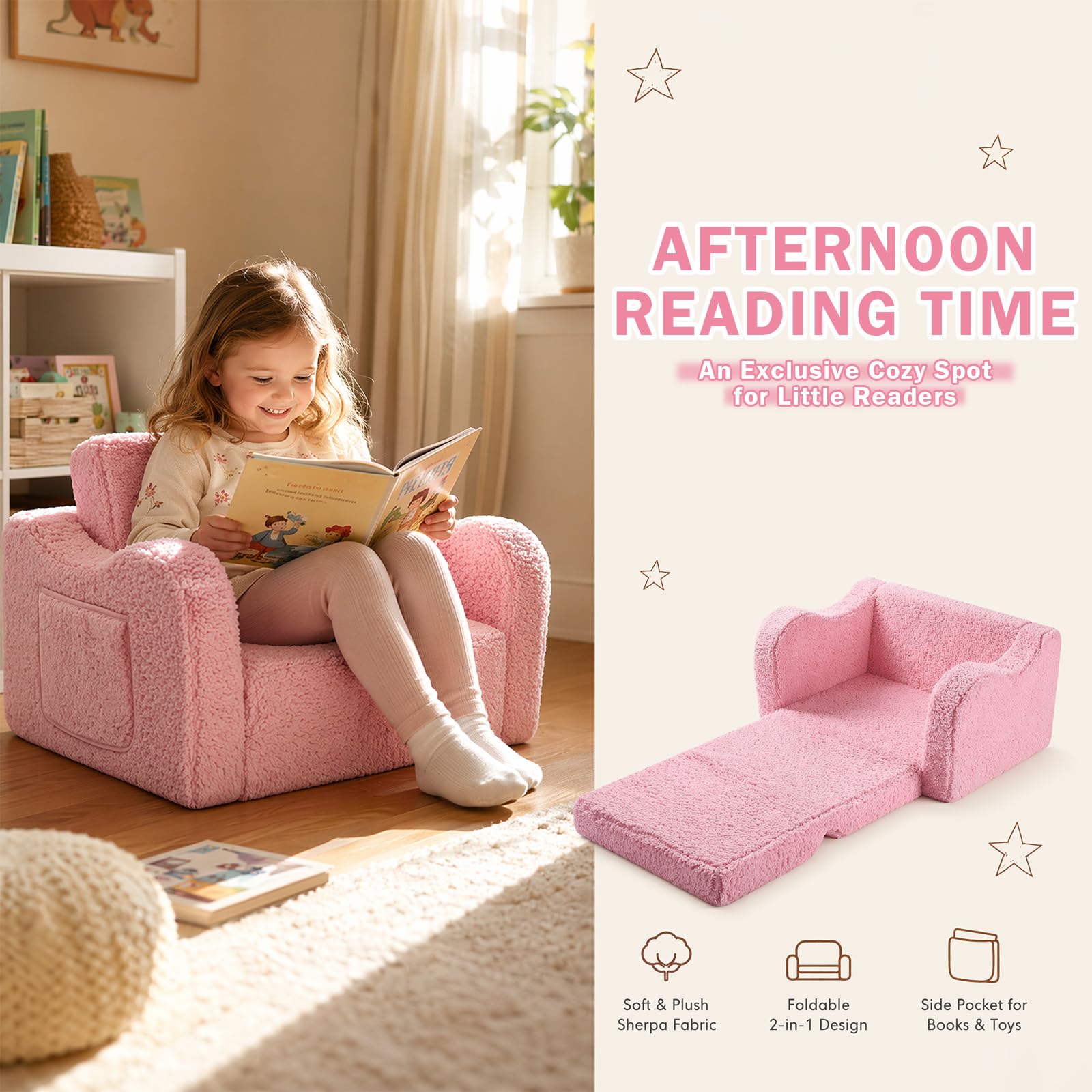 MeYuxg 3 en 1 Sofa Infantil, Sillon Bebe para Niños y Niñas, Sillón Convertible y Cama Plegable, Mini Sofá, Regalo del Niño y Cumpleaños, Rosa