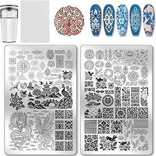 PH PandaHall 2pcs Chinese Style Nail Stamp Plate Dragon Porcelain Texture Print Art Template Stainless Steel Nail Image Plate Nails Stencils for Women DIY Printing 5.7x3.7 inch