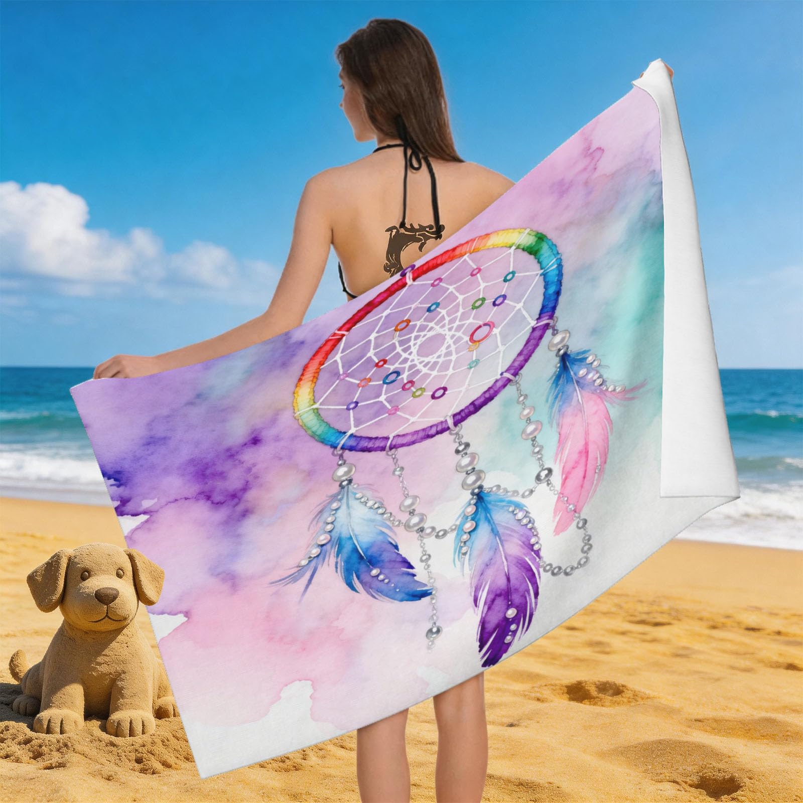 Leichong 3D Feather Beach Towel Microfiber Soft Quick Dry for Adults, Watercolor Style Bath Towel Lightweight Soft Absorbent for Travel Swimming Pool Sports, 75 x 150 cm