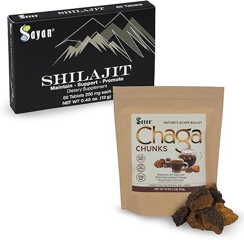 Sayan Paquete de bienestar natural, trozos de hongos chaga siberianos y tabletas minerales de resina negra Shilajit orgánica pura, apoyo