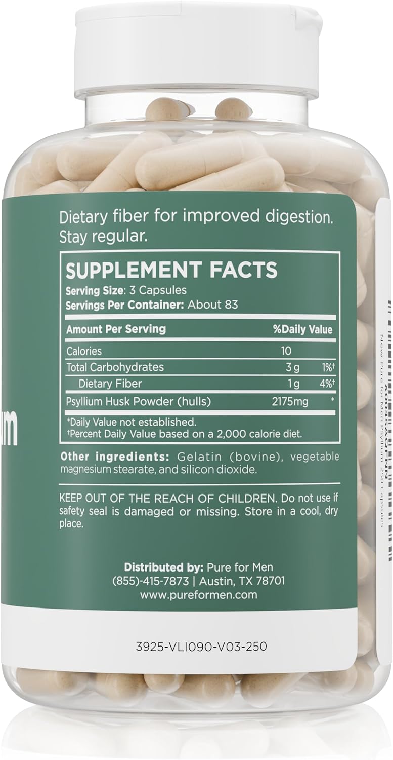 Daily Psyllium Husk Fiber Supplement by Pure for Men & Pure for Her | Digestive Regularity & Gut Health Support | Soluble Fiber Powder, 2,175mg Per Serving | 250 Capsules - Image 2