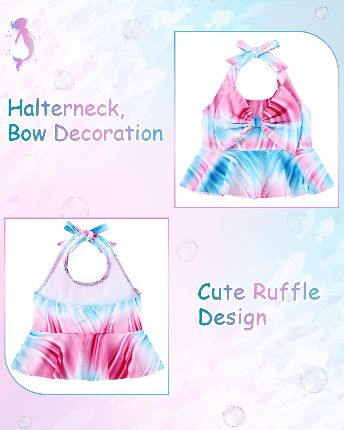 3PCS Girls Swimsuit Size 8 Mermaid Bathing Suit Kids Summer Bikini Swimwear with Bow Halter Ruffle
