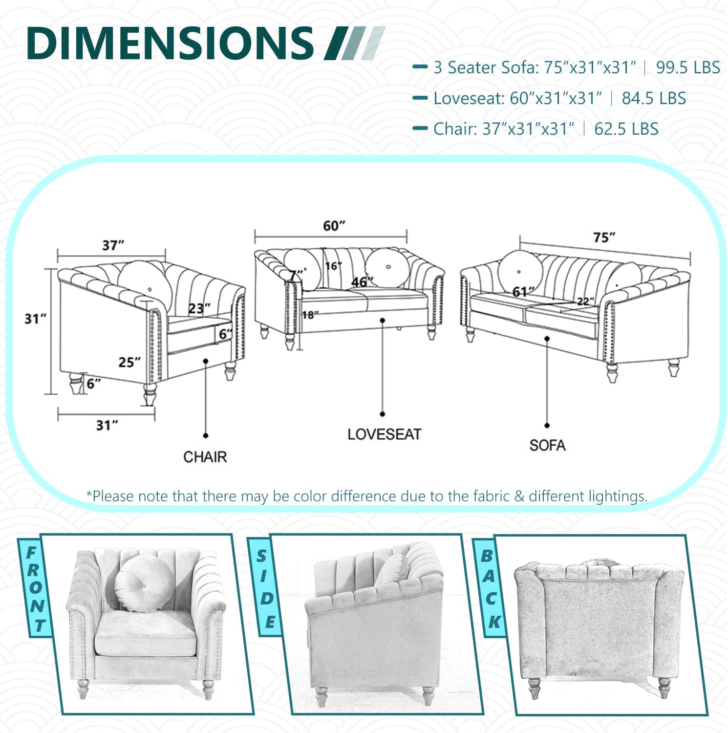 Chesterfield Sofa Set, Upholstered Fabric Sofa Couches, 3 Piece Living Room Furniture Set, Velvet Accent Chair Loveseat Couch Set with Pillows, Furniture for Living Room/Office/Bedroom, Black