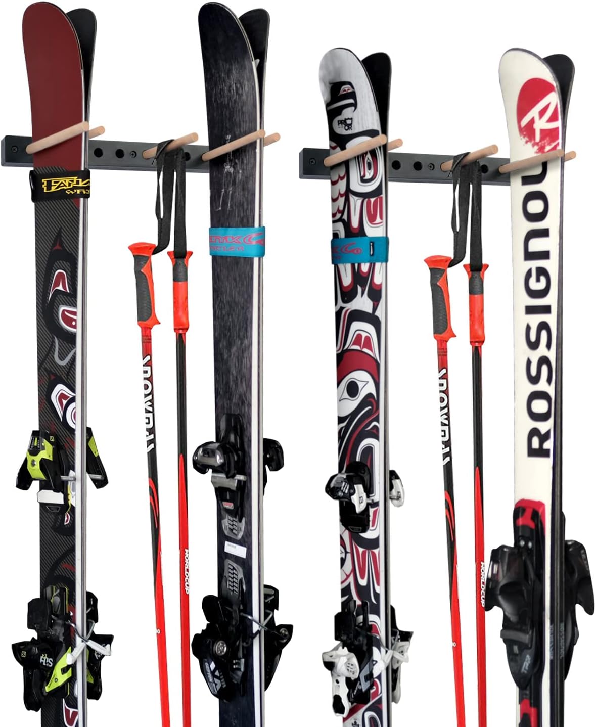 CAIKEI Ski Wall Rack Snowboard Wall Mount Storage Rack Holds 5 Pairs of Skis & Skiing Poles or Snowboard, for Home and Garage,2 Set, SKI STORAGE RACK