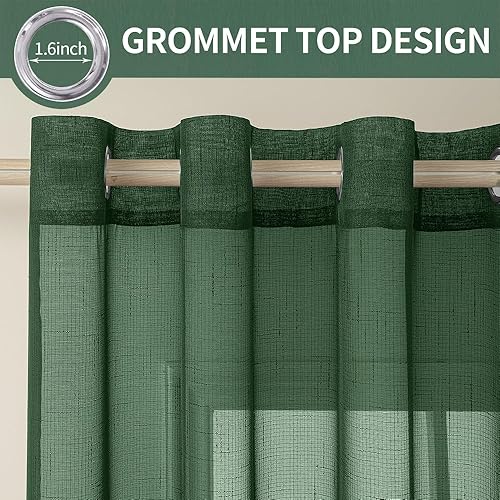 Miniatura 2 de MIULEE 2 paneles de lino natural semitransparentes de Navidad para ventana, elegantes cortinas verde esmeralda oscuro, con ojales en la parte