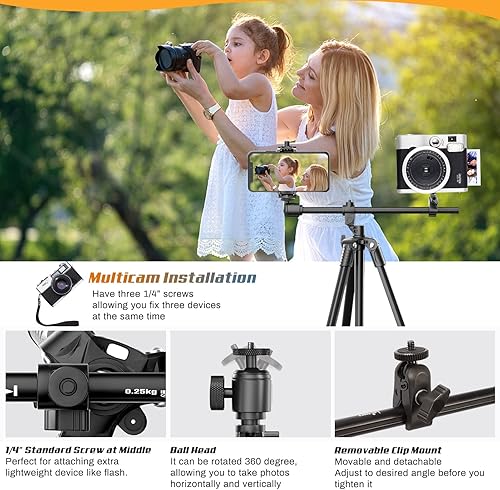 Miniatura 5 de Trípode para teléfono soporte de trípode horizontal de 67 pulgadas con cabeza de bola ajustable de 360 y control remoto inalámbrico para