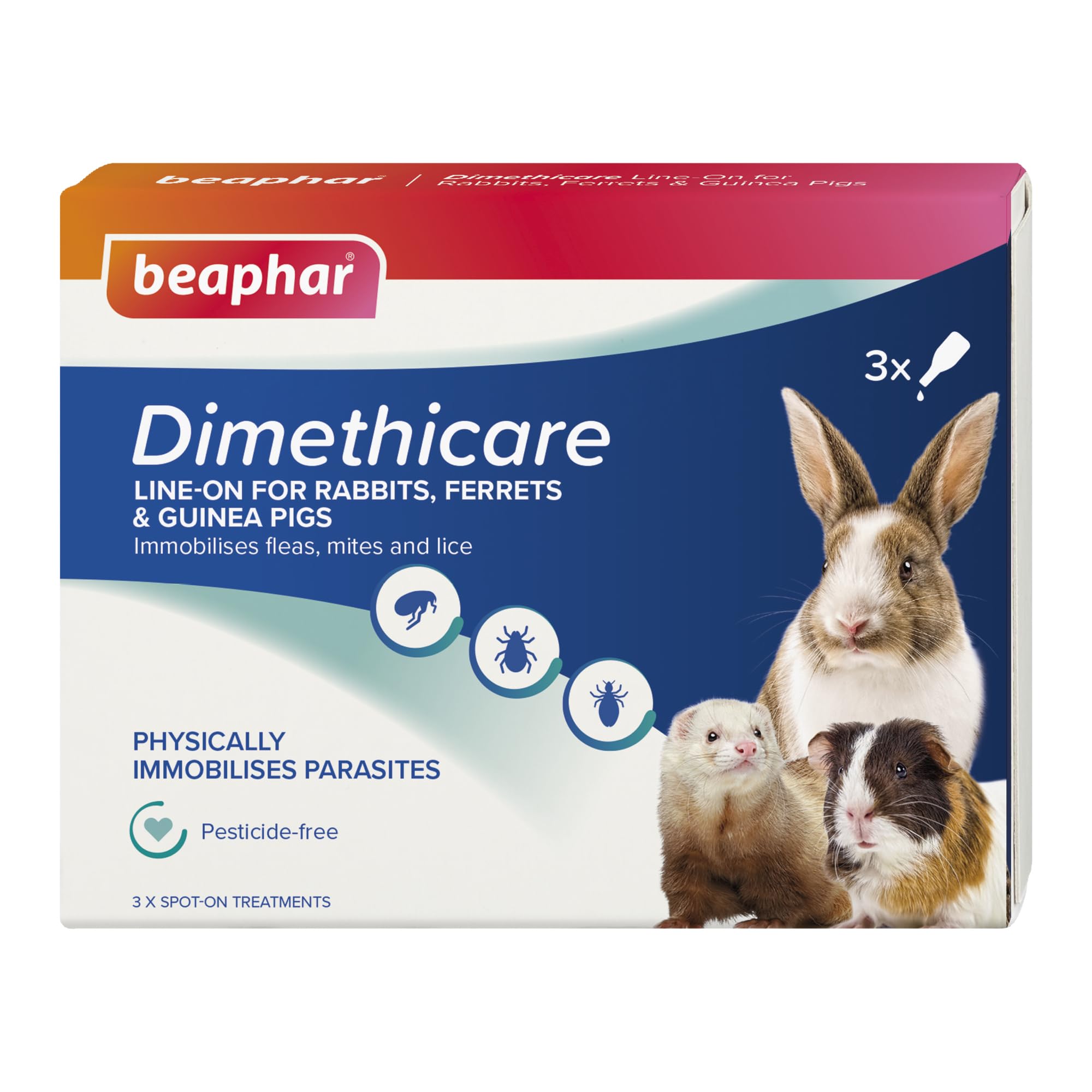 Beaphar - Dimethicare Line-On - Mite, Flea and Lice Control for Rabbits, Guinea Pigs & Ferrets – 3 treatment pack - Physically Immobilises Parasites - Pesticide-Free - From 12 weeks old