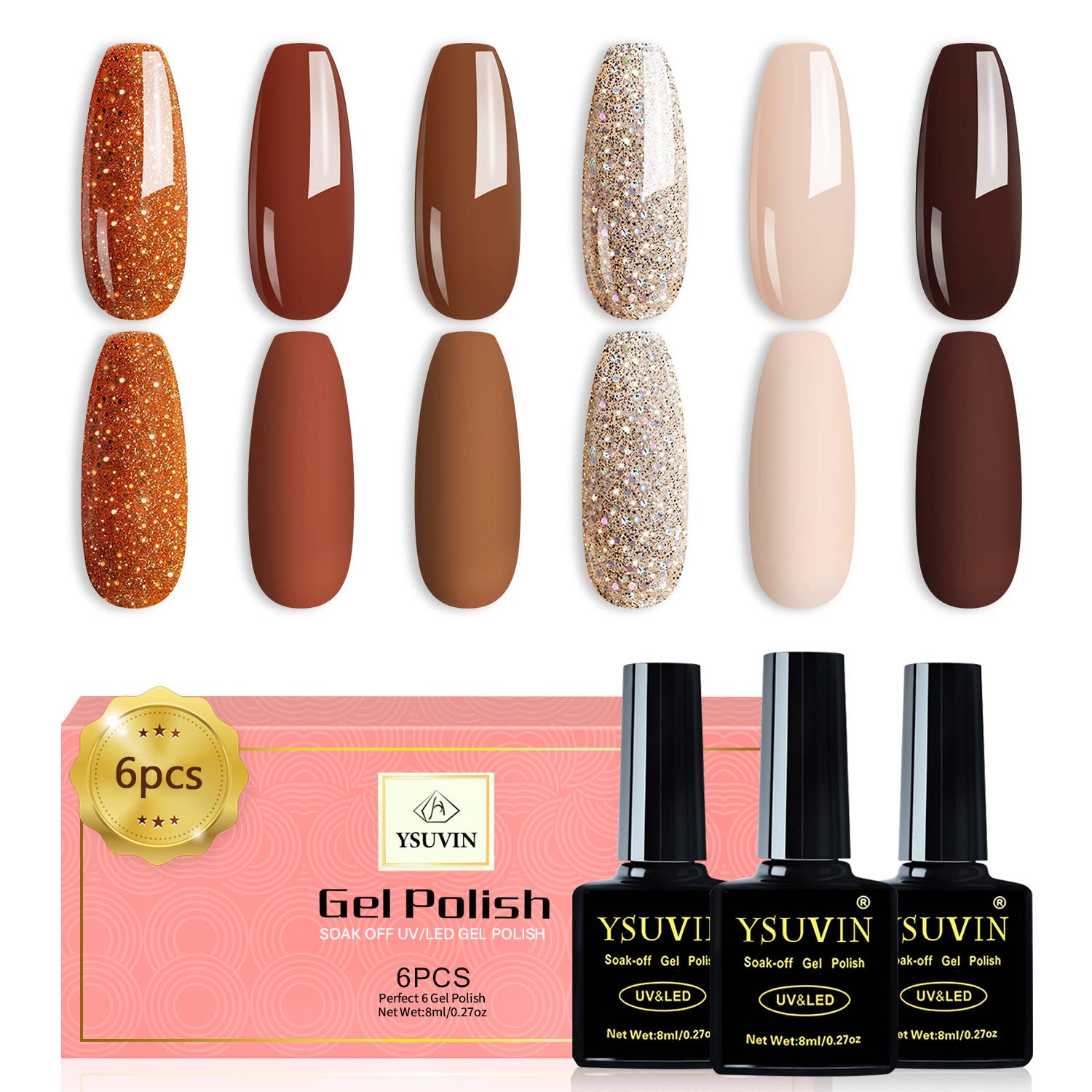 YSUVIN UV Nagellack Set, 6 Stück Gelb Braun Rosa Nude Glitzer Gold Tränken Sie den Gel Nagellack für Frauen Home DIY Nail Art Maniküre Salon, Langlebig, 8ML