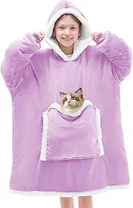 JOYWOO Purple Kids Wearable Blanket Hoodie,Oversized Cat lovers Hoodie Blanket for kids & Teens,Birthday Gifts for Girl Boys,Warm Cozy Fuzzy Sherpa Fleece Sweatshirt Blanket Giant Pocket Gifts,Purple