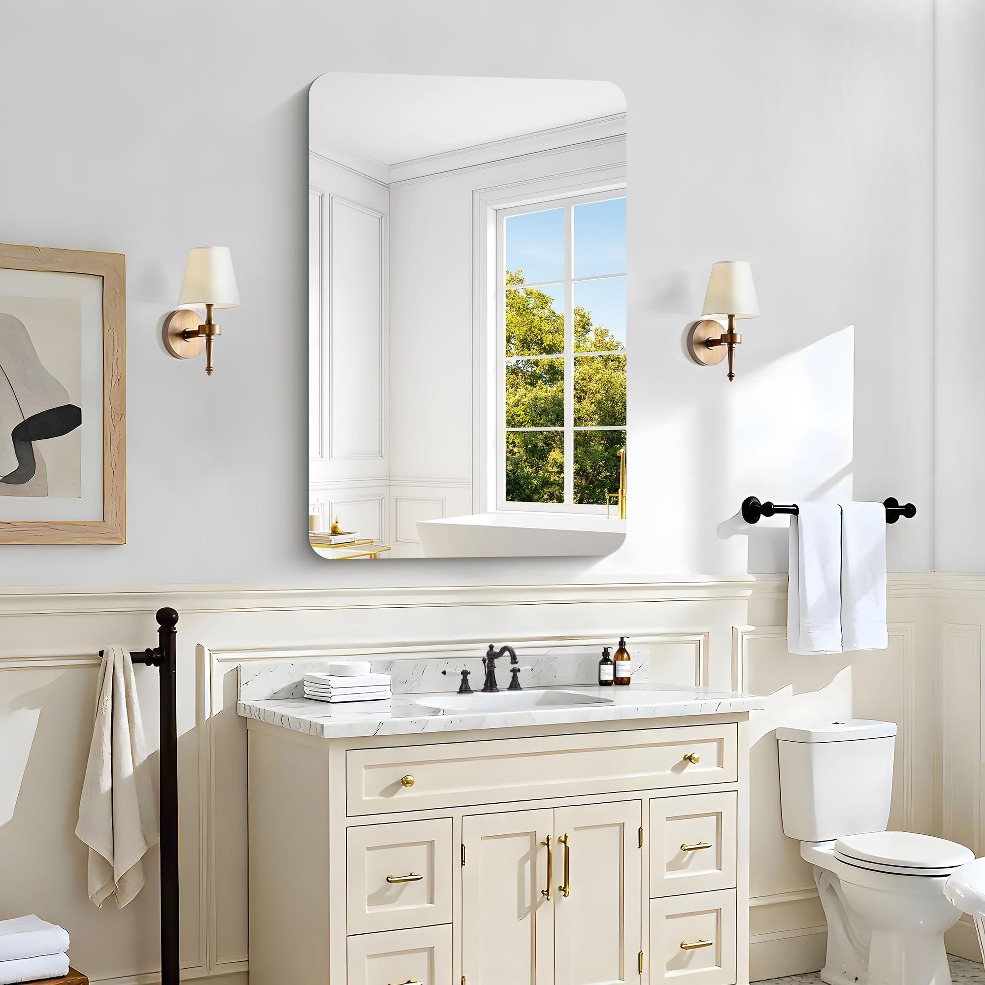 KOCUUY Miroir de Salle de Bain rectangulaire sans Cadre, Miroir Mural de 60x90 cm, Miroir en Verre incassable, réflexion HD, Coins arrondis, adapté à la Salle de Bain, la Chambre à Coucher