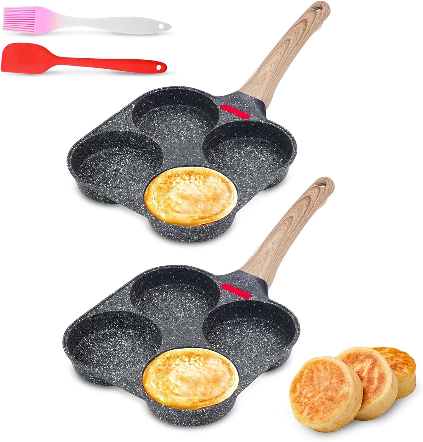 2pc 4-Cup Egg Pan Nonstick, Egg Frying Pan for Egg Mcmuffin, Omelettes, Breakfast, Induction & Gas Stove Compatible, Includes Silicone Oil Brush & Spatula