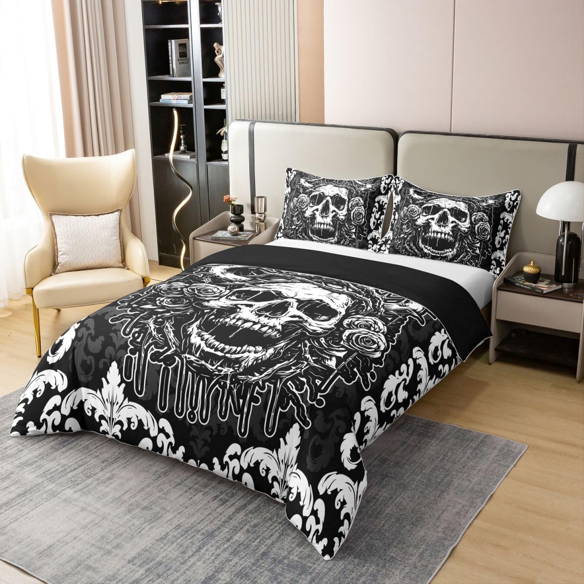 Homewish Gotycka czaszka king size poszewka na kołdrę straszne Halloween gotycka bawełna zestaw pościeli egzotyczny adamaszek kwiatowy poszewka na kołdrę bohema wiktoriańskie zestawy łóżek