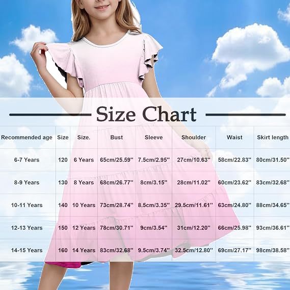 Girls Summer Dresses Double Layer Flutter Sleeve Flowy A-Line Sundress Casual Gradient Midi Dresses for 6-15 Years