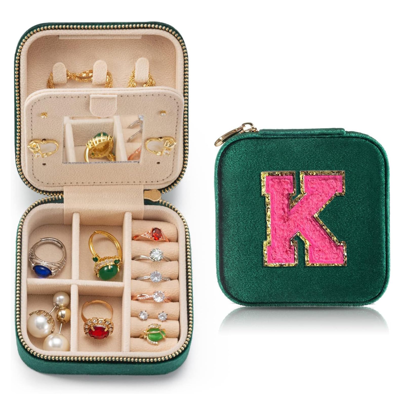 Personalized Velvet Travel Jewelry Case Box For Women Ring Necklace Earring Holder Organizer with Mirror Green Girls Box