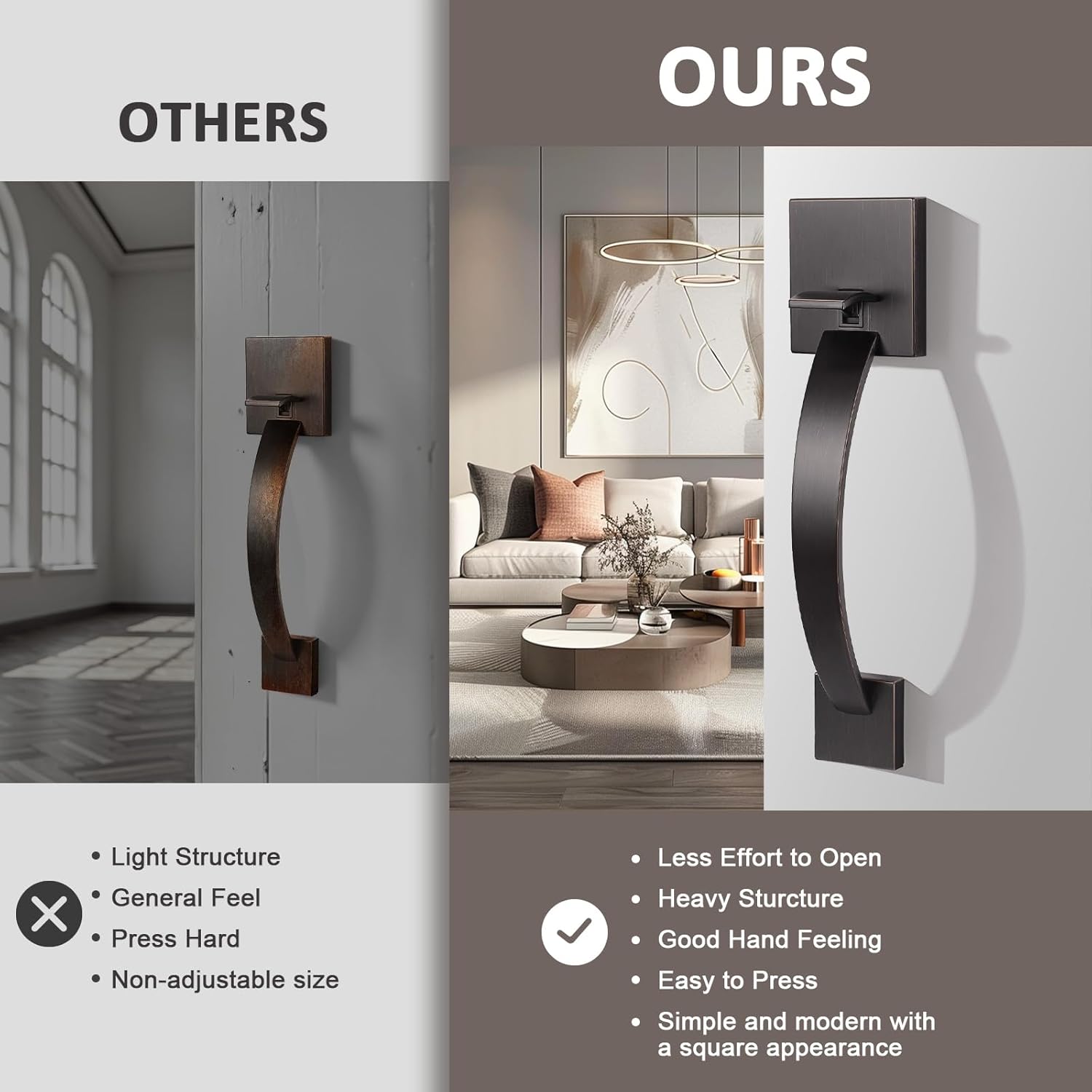 Probrico Double Sided Oil Rubbed Bronze Front Door Handle,Exterior/Interior Keyless Square Front Door Handleset,Entry Handleset with No Lock,1Pack