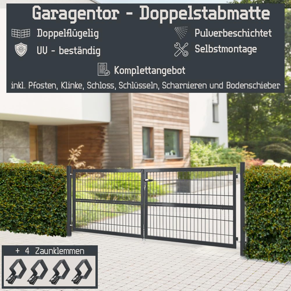 Cancello da giardino 300 x 100 cm, doppia anta in metallo, porta da giardino per asta e recinzione, con serratura, include paletti grigi
